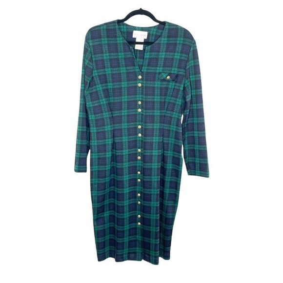 80s/90s Vintage MISS DORBY Green & Blue Plaid Button front Sweater Dress 16 P - Picture 1 of 12